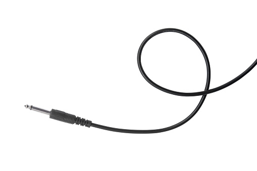 Guitar audio jack with black cable isolated on white background