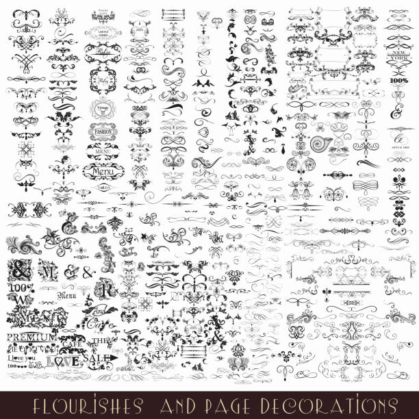 컬레션 또는 메가 ~세트 벡터 장식 장식문자, 붓글씨 - flower decoration retro revival pattern stock illustrations