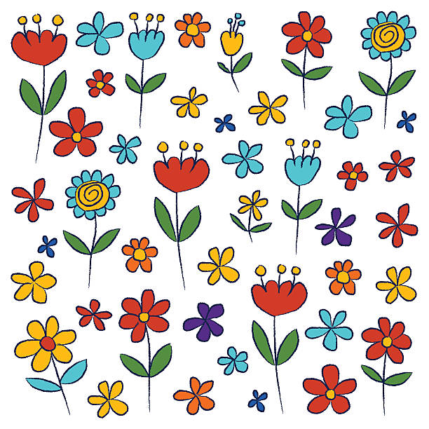 illustrations, cliparts, dessins animés et icônes de groupe de fleurs doodle vector - childs drawing child preschool crayon