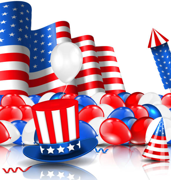 istock American Background with Balloons Party Hats Firework Rocket Flag Confetti 540839300