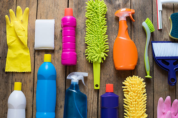 istock House cleaning product on wood table 540839630