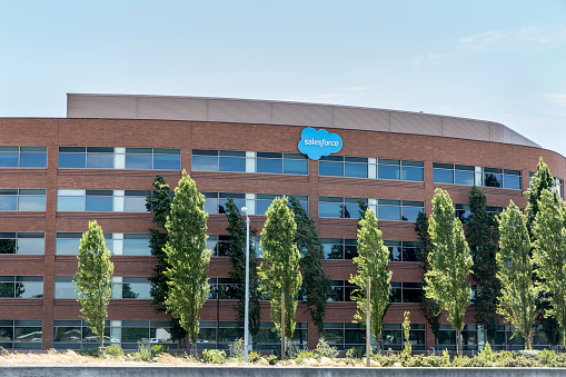 San Maeto, USA - June 11, 2016: Outside Salesforce in San Maeto, located at 900 Concar Drive. Salesforce is an American cloud computing company with headquarters in San Francisco, California.