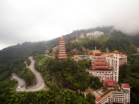 An aerial view of Chin Swee Temple in Genting Highlands, Malaysia. A temple in the highlands always surrounded by fog is a popular tourist attraction.