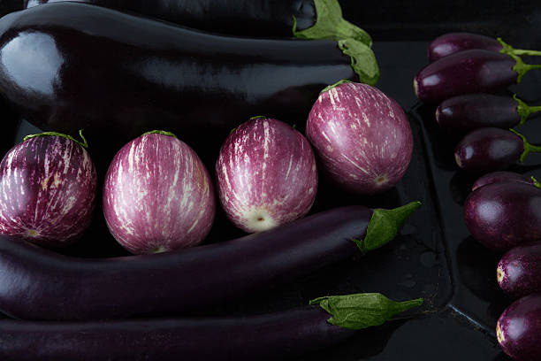 Eggplant varieties on baking tray closeup