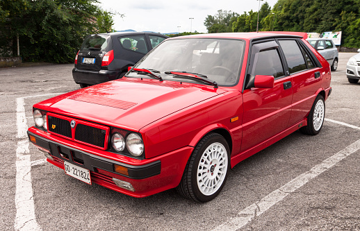 Gorizia, Italy - June 5, 2016: Lancia Delta integrale HF front side view, parked and exhibited at the old timer car meeting Antiche Scuderie Isontine in the town of Gorizia in Italy