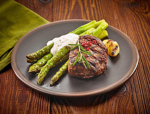 istock grilled beef steak and asparagus on dark plate 540848208