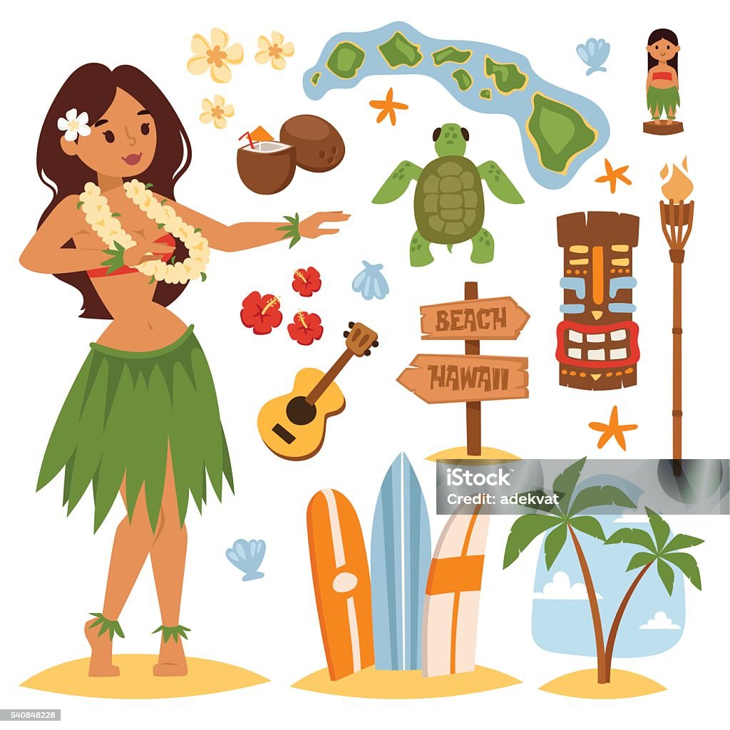 Hawaii vector set. Vector vintage set of hawaiian icons and symbols. Hawaii beautiful girl coconut cocktail sandy beach. Hawaii palm tree beach symbols. Vintage fun pacific hawaiian flower, beautiful turquoise. Aloha - Single Word stock vector