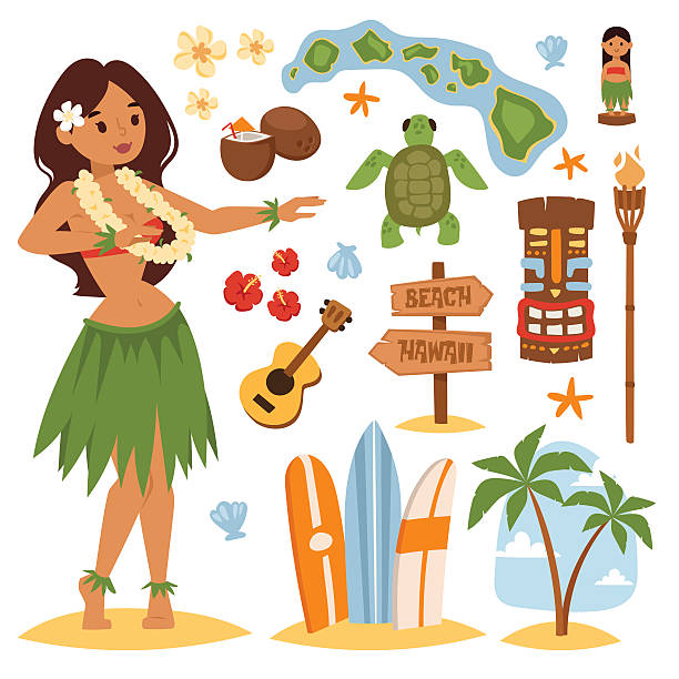 Hawaii vector set. Vector vintage set of hawaiian icons and symbols. Hawaii beautiful girl coconut cocktail sandy beach. Hawaii palm tree beach symbols. Vintage fun pacific hawaiian flower, beautiful turquoise. hula dancing stock illustrations