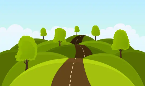 Vector illustration of Road on hills among trees and meadows.