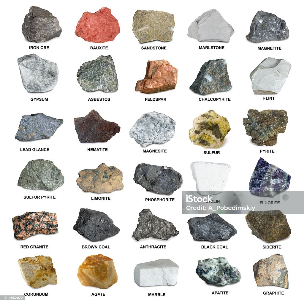 Set of isolated minerals and stones Set of isolated minerals and stones. Iron ore, sandstone, apatite, quartz, bauxite,  phosphorite, magnetite, gypsum, agate, asbestos, marble, corundum, kaolin, marlstone minerals. Collection Stock Photo