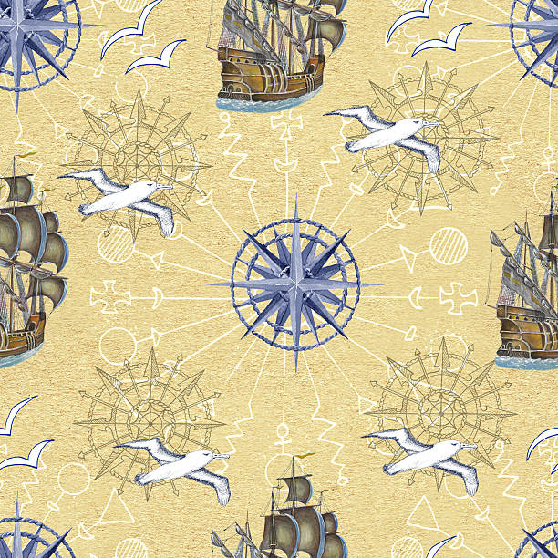 istock Sea seamless pattern with gulls and ships on yellow background 540854328