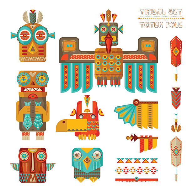 ilustrações de stock, clip art, desenhos animados e ícones de tribal conjunto. conjunto de estilizadas índia mastro totémico elementos. - native american statue wood carving