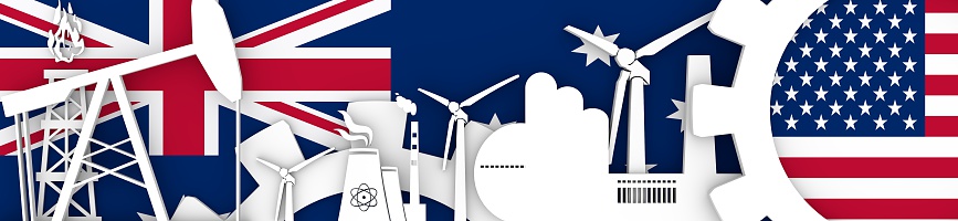 Energy and Power icons set. Header banner with Britain and USA flags. Sustainable energy generation and heavy industry. 3D rendering