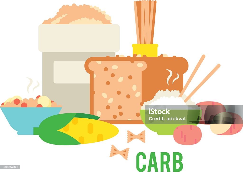 Carbs food vector illustration. Carbs food isolated on white. Carbs food baked fresh healthy food. Carbs food bread diet meal healthy and rice loaf white carbs food. Bakery fresh eating carbs food ingredient dry spaghetti food. Carbohydrate - Food Type stock vector