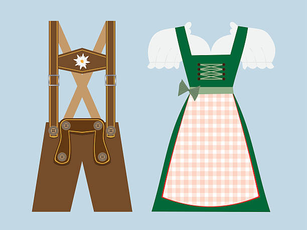 lederhosen and dirndl vector illustration lederhosen and dirndl, traditional bavarian clothing vector illustration Lederhosen stock illustrations