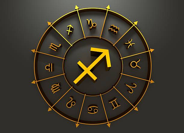 Astrology symbol sagittarius Archer astrology sign. Golden astrological symbol. 3D rendering astrology stock pictures, royalty-free photos & images
