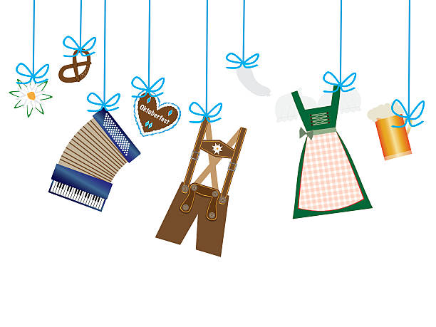 Beer Fest background, dirndl and lederhosen icons hanging on blue leash Beer Fest background, lederhosen, dirndl, edelweiss, accordion, beer and gingerbread heart icons hanging on blue leash Lederhosen stock illustrations