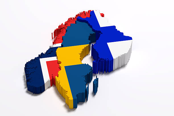 3d rendering of Scandinavian peninsula map and flags