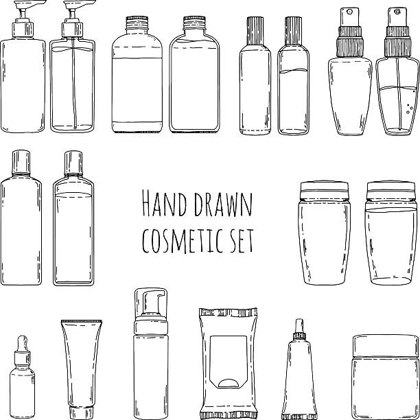 Doodles of cosmetic bottles and cosmetic package. Set of hand drawn of cosmetics for skin care. Doodles of cosmetic bottles and cosmetic package. Set of cosmetic bottles for shampoo, creams, tonic. Vector illustration bottle illustrations stock illustrations