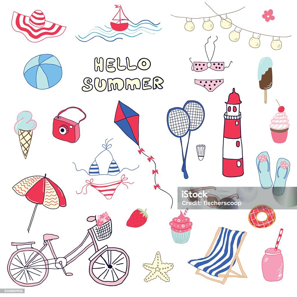 Set of hand drawn summer themed doodles. Hello summer! Beach stock vector