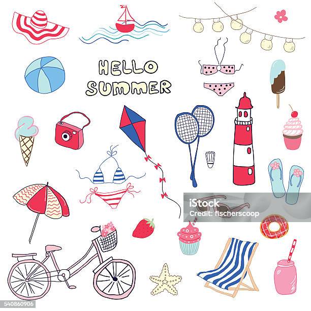 Set Of Hand Drawn Summer Themed Doodles Hello Summer Stock Illustration - Download Image Now