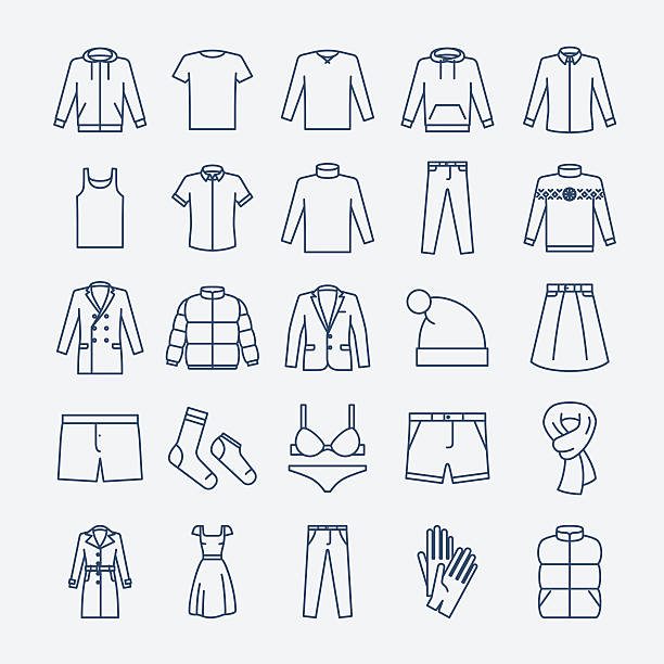 Clothes linear icons Clothes linear icons. Vector outline clothes icons on white background coat garment stock illustrations