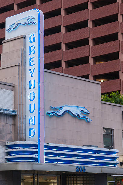 Dallas, Tx, USA - April 9, 2016: Blue neon sign of the Greyhound Lines bus station in Dallas Downtown. Texas, United States