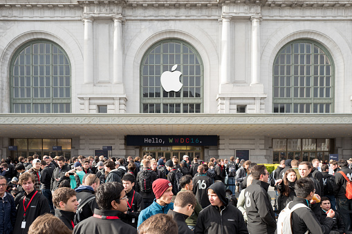 San Francisco - Jun 13th, 2016: People queuing for the Apple Worldwide Developers Conference at the historic Bill Graham Civic Auditorium.