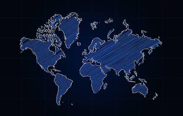 Szkic ołówka mapy świata na niebieskim tle – zdjęcie
