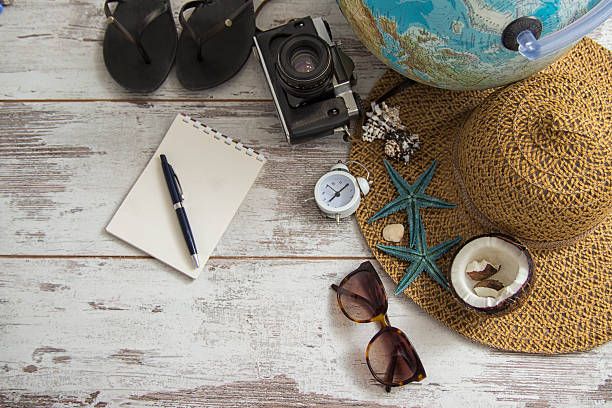 istock travel items on wooden background 540867680