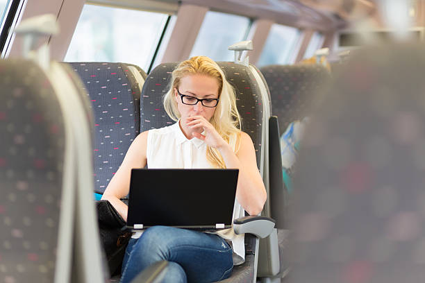 istock Woman travelling by train working on laptop. 540869188