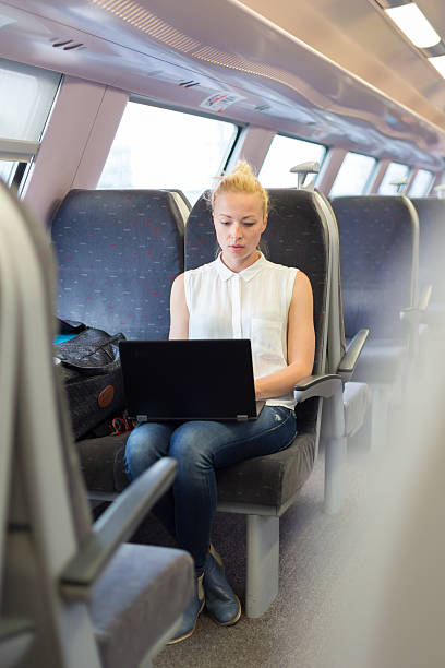 istock Woman travelling by train working on laptop. 540869264