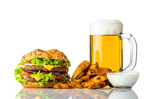 Burger, Cold Beer and Fries with Dipping Souce