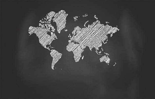 istock Sketch Of World Map Over Black Chalkboard 540869466