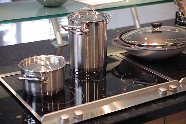 istock Different silver cooking pots on modern ceran stove 540870114