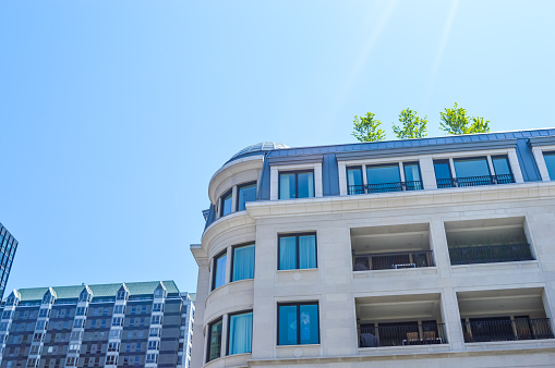 Montreal. Canada - 23 may, 2016: Condo buildings in Montreal downtown. A tree can be seen on top.