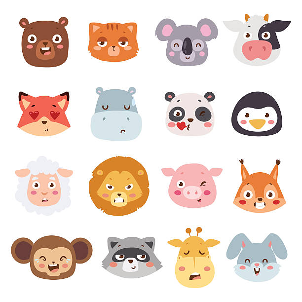 Animal emotions vector illustration. Cute animal heads with emotions vector set. Cartoon happy animal emotions love expression isolated face character. Adorable mammal smile animal emotions. Animal characters little collection. emotion illustrations stock illustrations