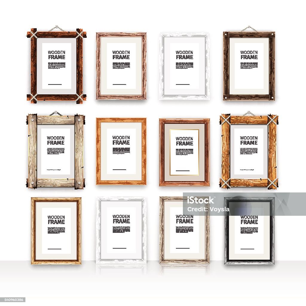 Wooden Rectangle Frames Set Set of 12 vector wooden rectangle mockups frames. Place your artwork inside the vertical frame. Clipping paths included. Wood - Material stock vector