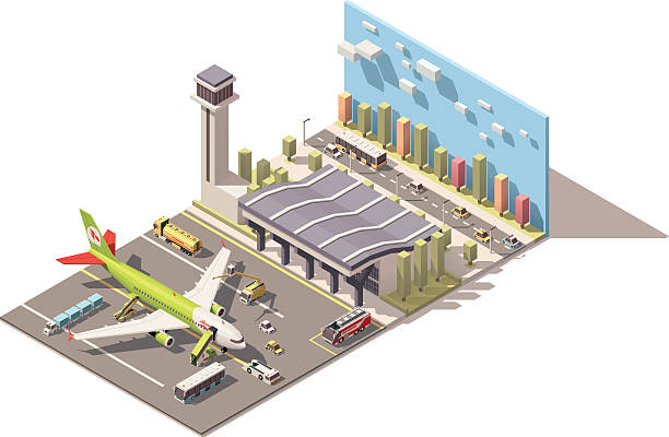 ilustrações de stock, clip art, desenhos animados e ícones de vector isometric low poly airport terminal building with airplane and - vector isometric airplane bus