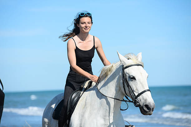 красивая молодая женщина верхом на белой лошади камарг на пляже - horse animals in the wild water beach стоковые фото и изображения