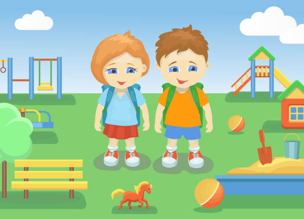 school children on a playground outdoors with bright summer background school children on a playground outdoors with bright summer background vector melting girl stock illustrations