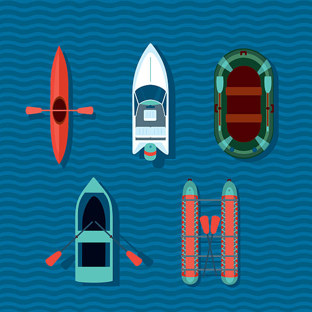 Boats collection. Top view of vectorts ships. Cartoon vector boats on a water. Flat style illustartion directly above illustrations stock illustrations