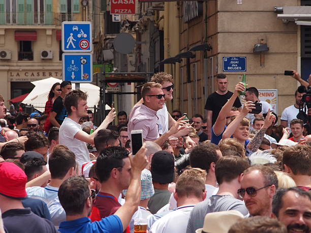 Marseille, France - June 11, 2016: England fans supporting their team in the infamous 1-1 draw with Russia at Euro 2016. Clashes with police, Marseille and Russian fans dominated the headlines.