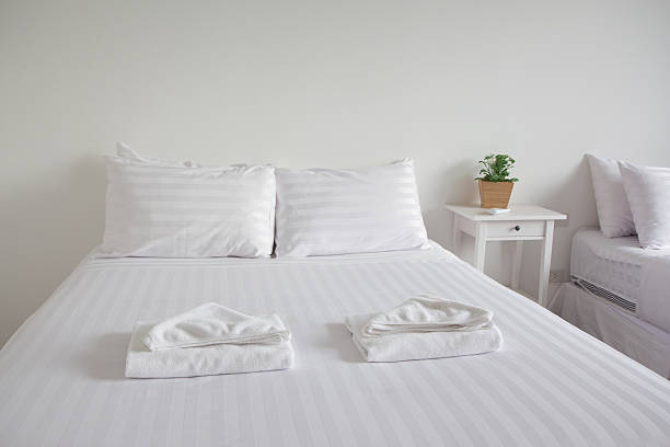 istock white king size bed, two pillows, pot plant in bedroom 540967378