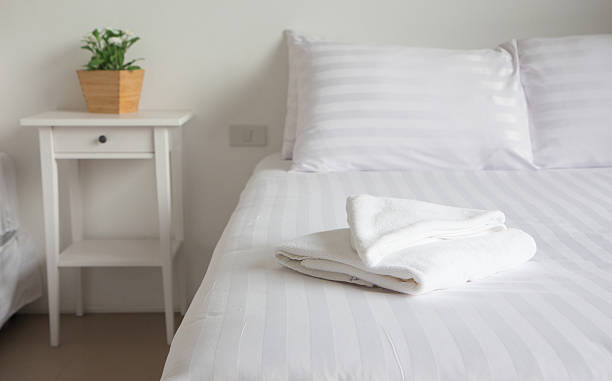 istock white king size bed, two pillows, pot plant in bedroom 540967434
