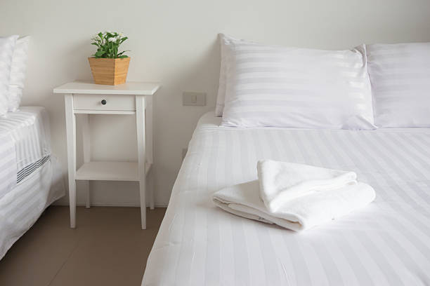 istock white king size bed, two pillows, pot plant in bedroom 540967508