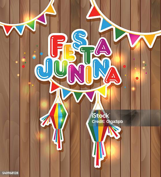 Festa Junina Vector Illustration On Wooden Stock Illustration - Download Image Now - Brazil, Celebration, Cultures