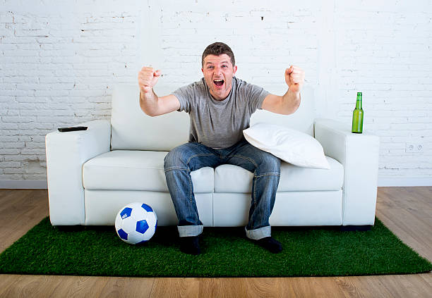 istock fan watching television in couch grass pitch carpet celebrating goal 540970132
