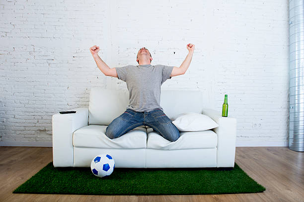 istock fan watching television in couch grass pitch carpet celebrating goal 540970488