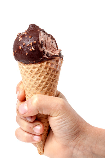 child's hand holding an ice cream isolated on white background.